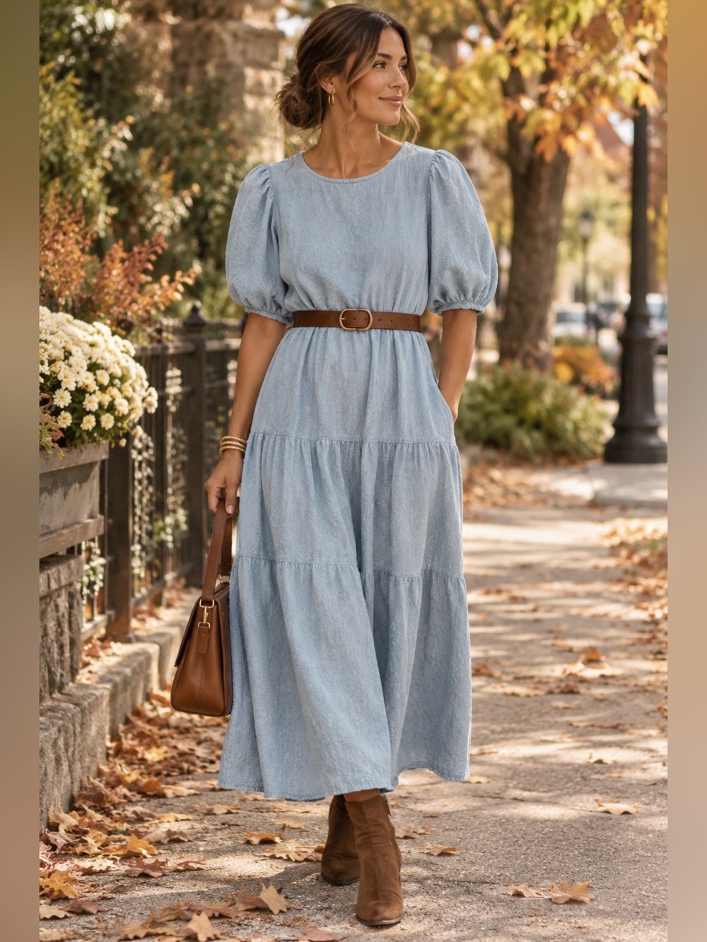 100% Cotton Light Blue Puff-Sleeve Tiered Dress